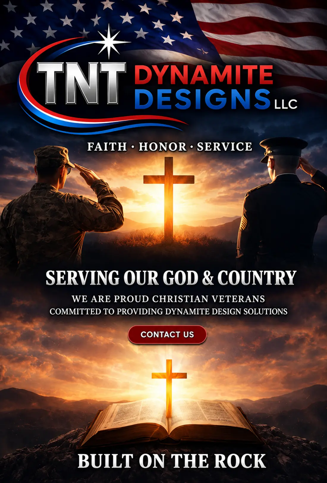Faith Honor Service poster reading Serving Our God and Country and Built on the Rock