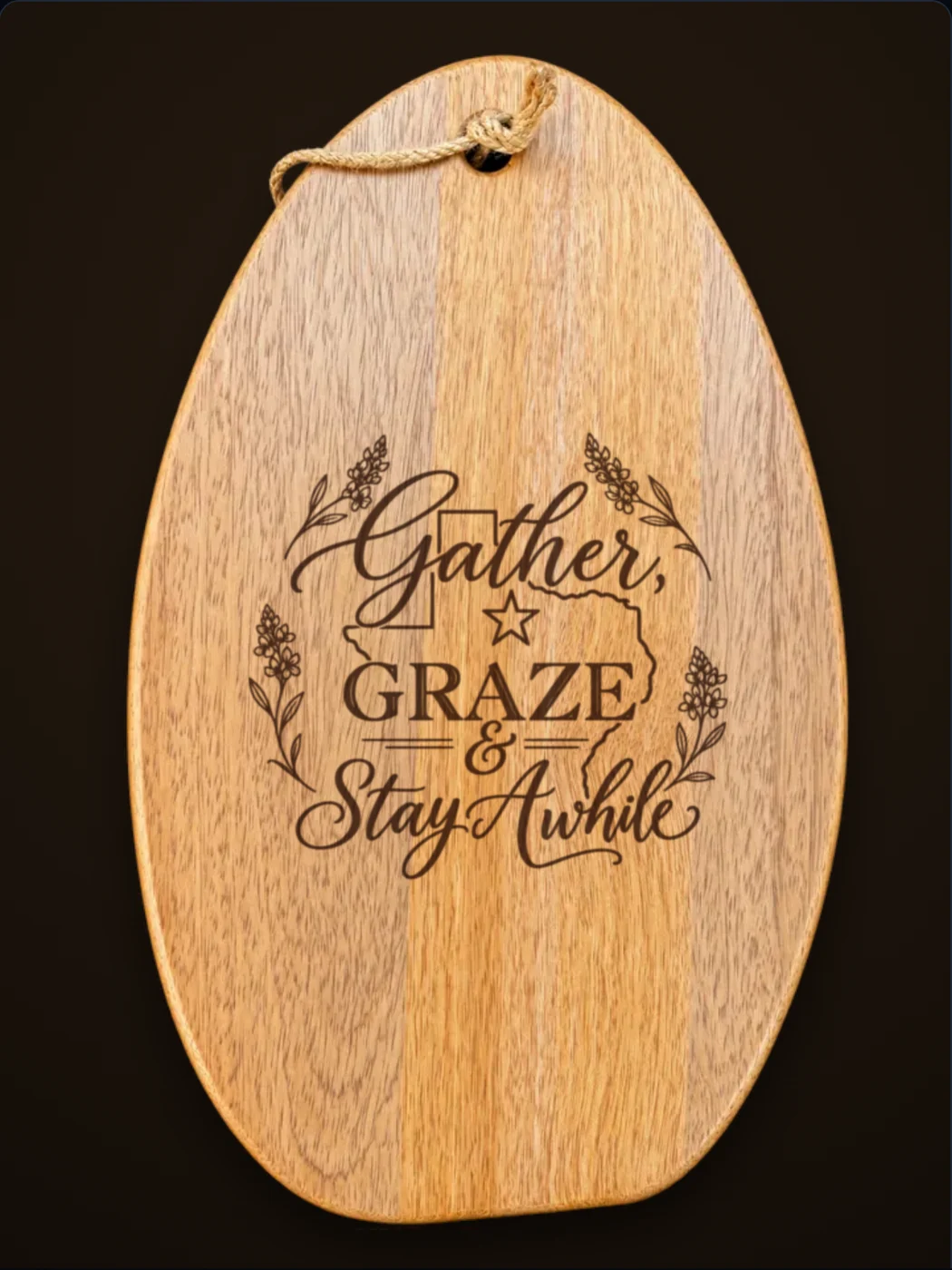 16.5 &times; 9.75 in board engraved with Gather, Graze and Stay Awhile