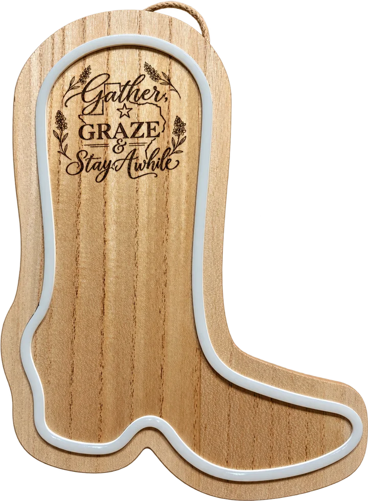 Neon Boot Sign with Gather, Graze and Stay Awhile