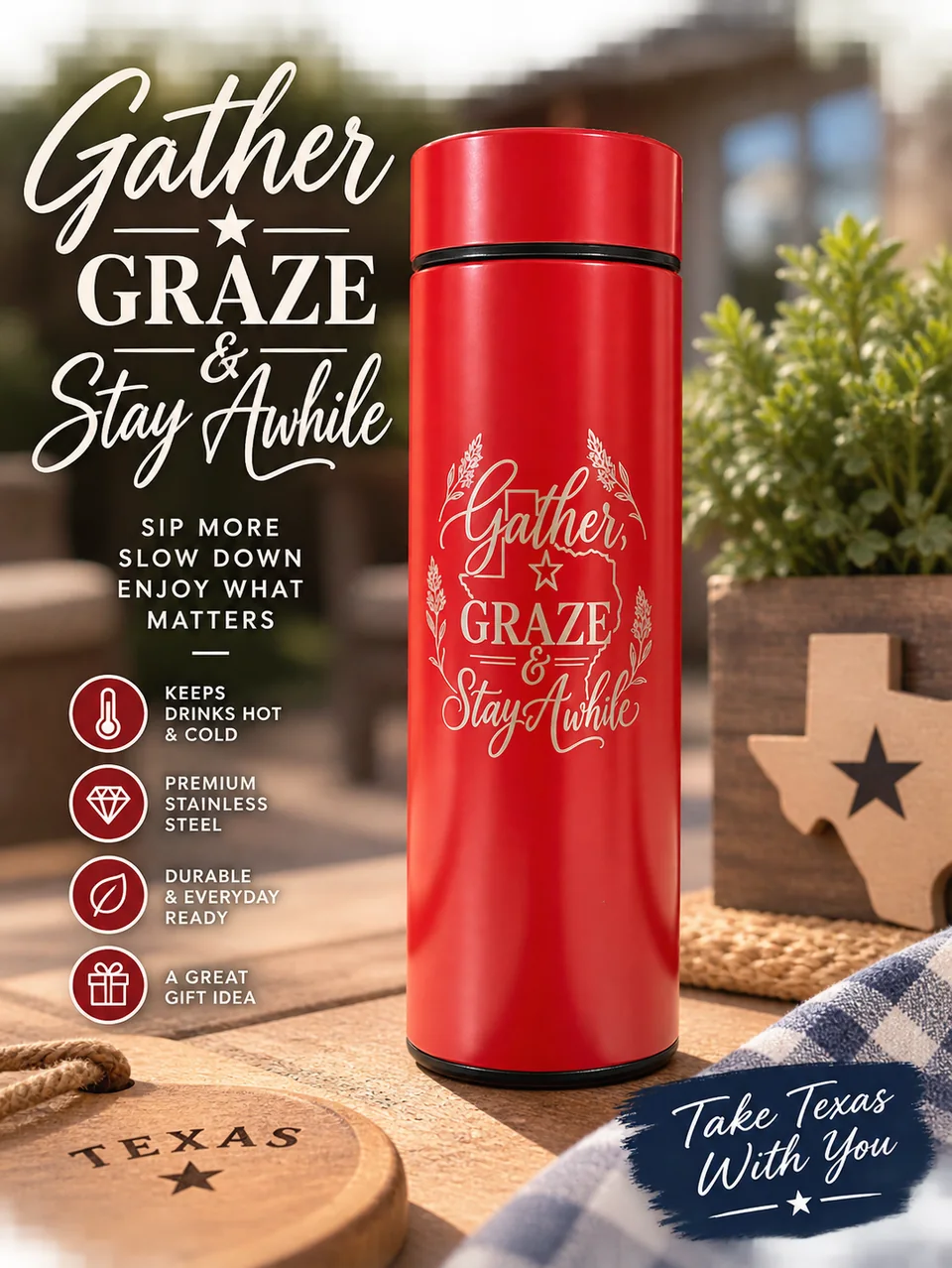 Red Gather, Graze and Stay Awhile tumbler engraved with the Texas bluebonnet design