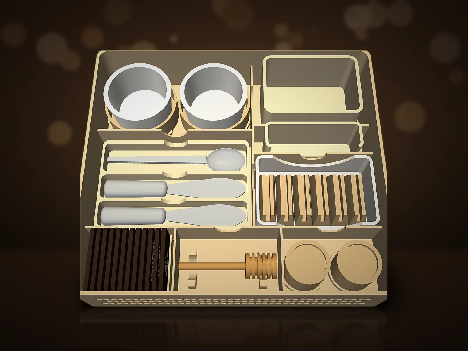 The Host Set box open with every piece in its own fitted spot