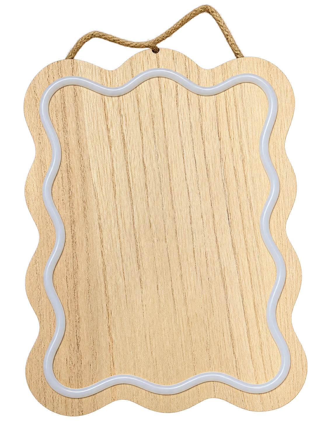 Wavy edged wood sign with a white LED glow outline and a rope hanger